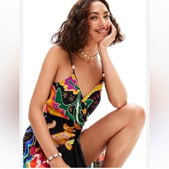 Desigual Jungle design wrap midi dress tiger parrot boho bohemian tropical NWT - Picture 4 of 11